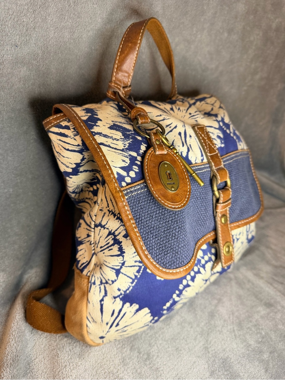Fossil Blue and Cream Floral Canvas Backpack with Brown Leather Trim - Picture 5 of 10